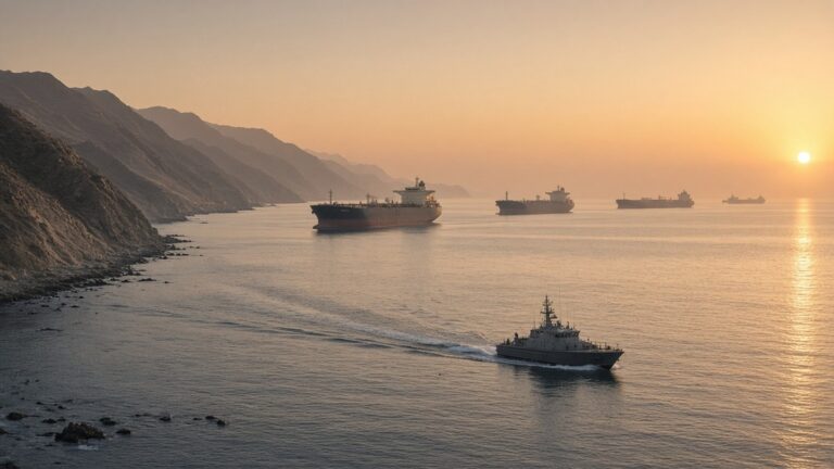 Tankers at anchor off a rugged coastline at sunrise with a small patrol boat in the foreground