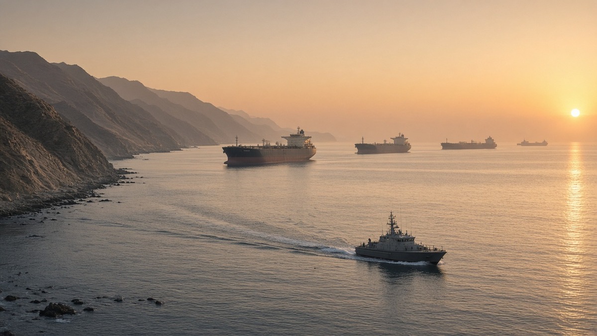 Tankers at anchor off a rugged coastline at sunrise with a small patrol boat in the foreground