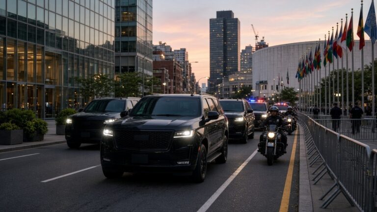 Black SUV motorcade with police motorcycles passing a row of flags outside a glass tower at dusk
