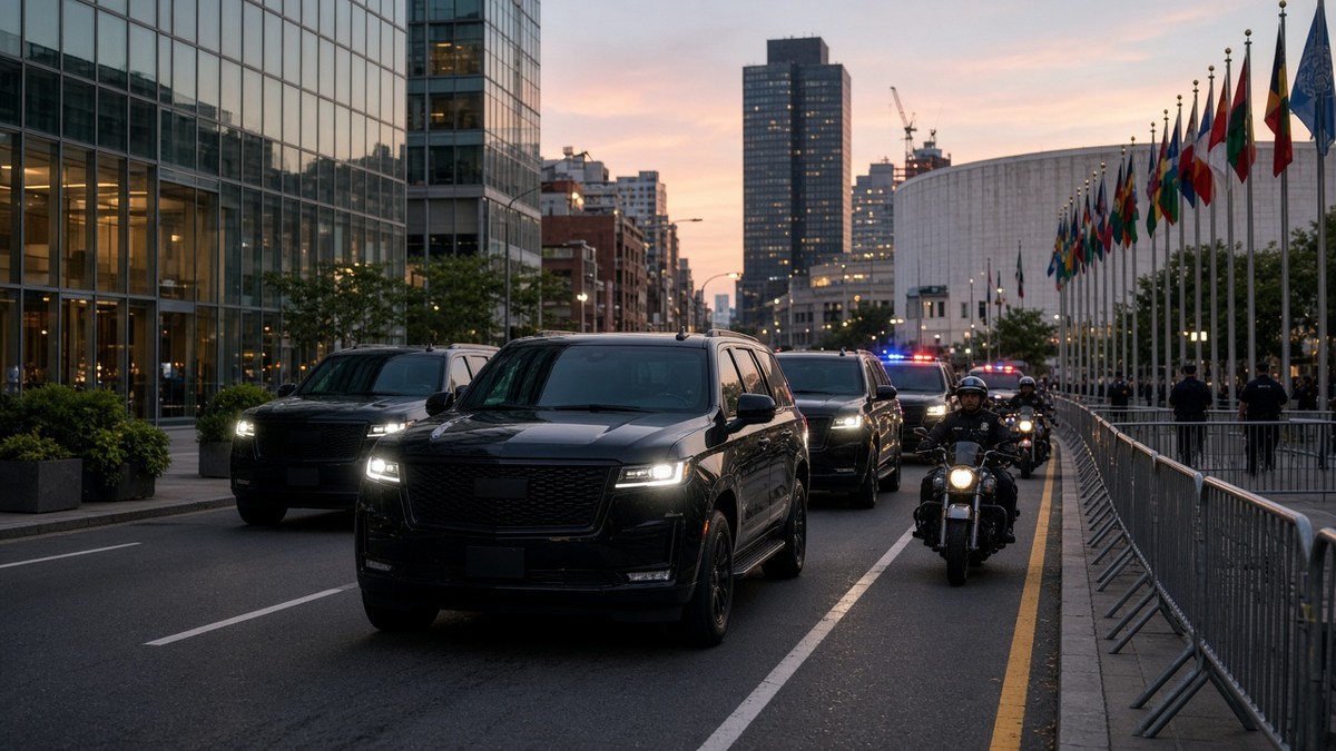 Black SUV motorcade with police motorcycles passing a row of flags outside a glass tower at dusk