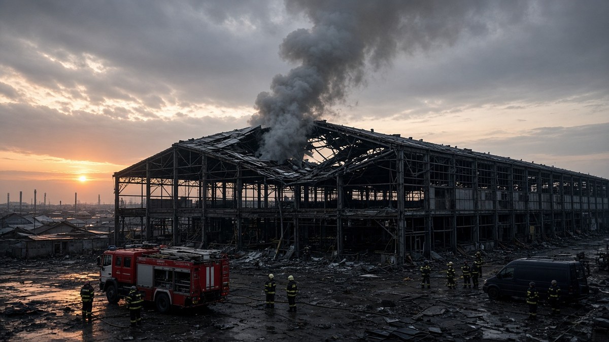 Firefighters and a fire truck outside a smoking, roof-damaged factory hall at dawn