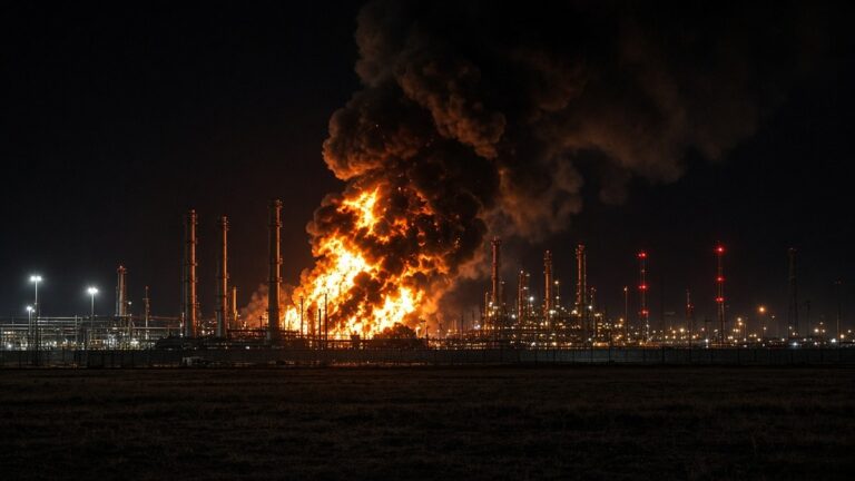 Refinery columns silhouetted against a large fire and black smoke at night