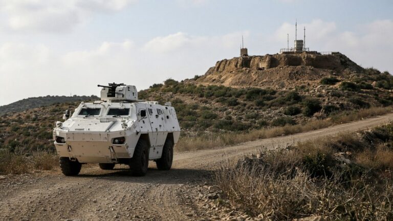 White armored patrol vehicle on a dirt road below a fortified hilltop outpost