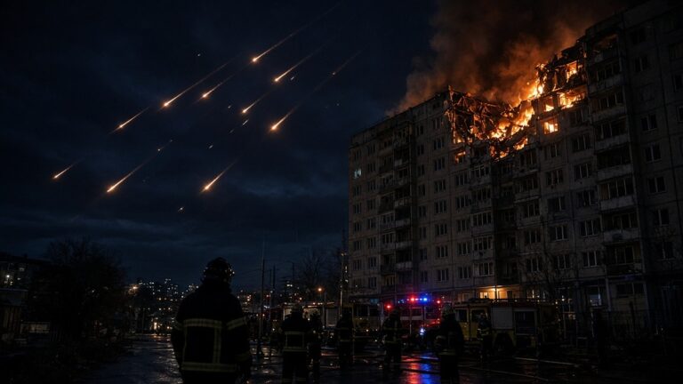 Firefighters spray water on a burning apartment block at night as tracers cross the sky