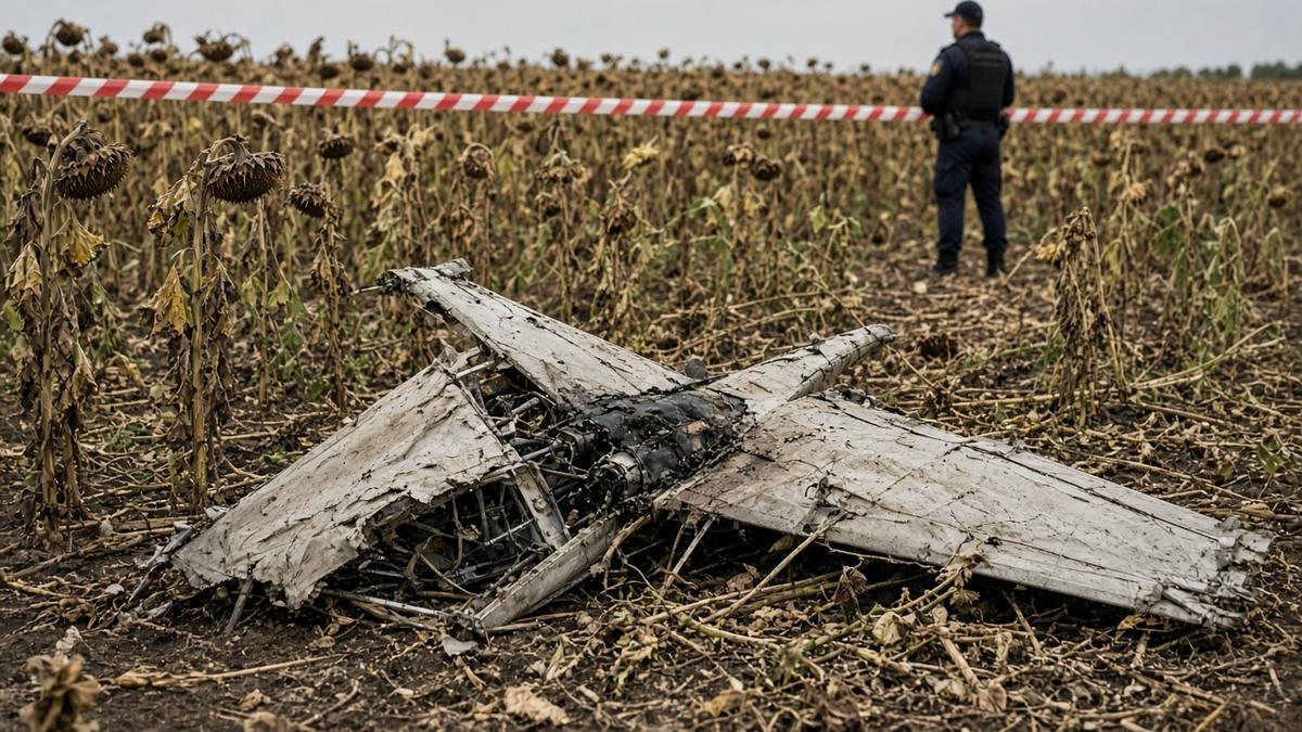 Twisted drone wreckage lies in a dry sunflower field with an officer behind police tape