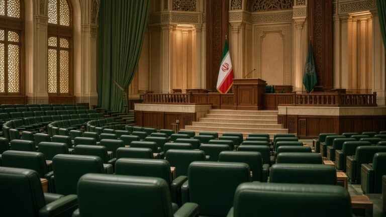 Empty rows of green seats face a raised podium inside an ornate parliament chamber