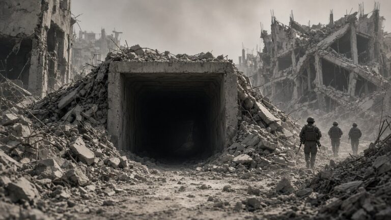 Dusty concrete tunnel shaft among destroyed buildings with distant soldier silhouettes