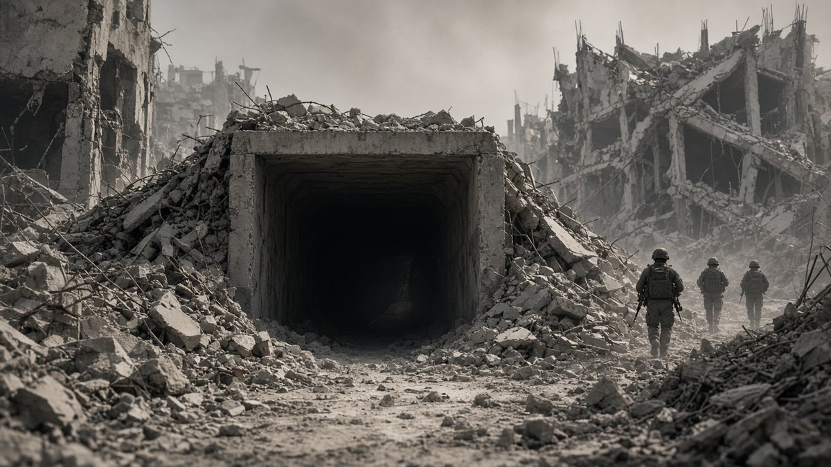 Dusty concrete tunnel shaft among destroyed buildings with distant soldier silhouettes