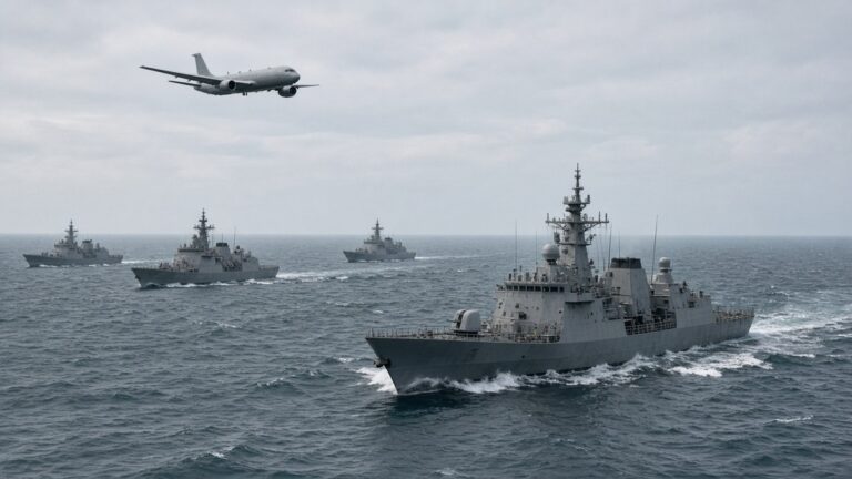 Grey frigates sail in formation across a hazy strait as a patrol aircraft passes overhead