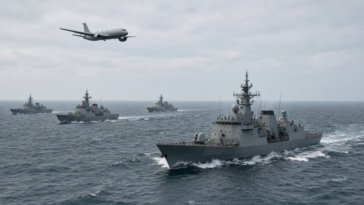 Grey frigates sail in formation across a hazy strait as a patrol aircraft passes overhead