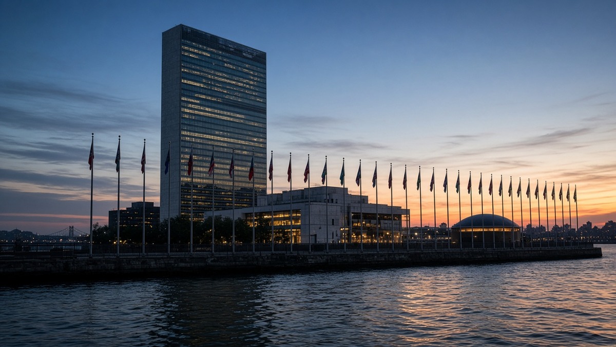 UN headquarters tower in New York at dusk seen across the East River