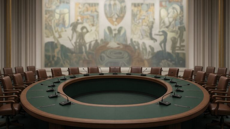 Horseshoe-shaped council table with empty chairs and microphones under soft light