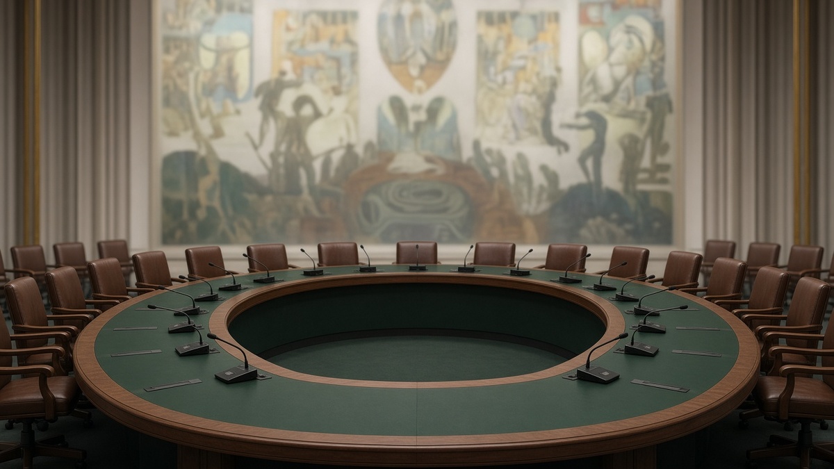 Horseshoe-shaped council table with empty chairs and microphones under soft light