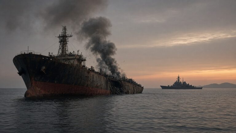 Smoking crude tanker in hazy Gulf waters at dusk with a warship silhouette on the horizon
