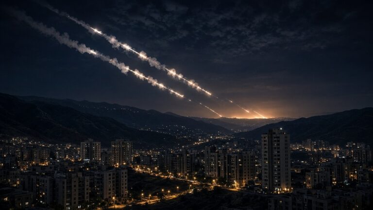 Interceptor trails streak across a night sky above a hillside city with a distant orange glow