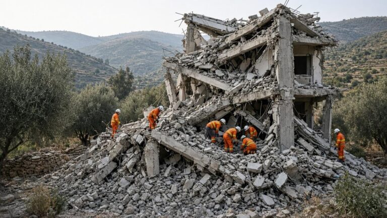 Rescue workers search the rubble of a collapsed house in a hillside village with olive trees