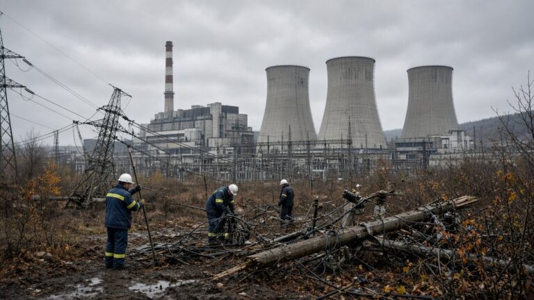 Repair crews work beneath damaged power lines at a thermal plant under a cold grey sky