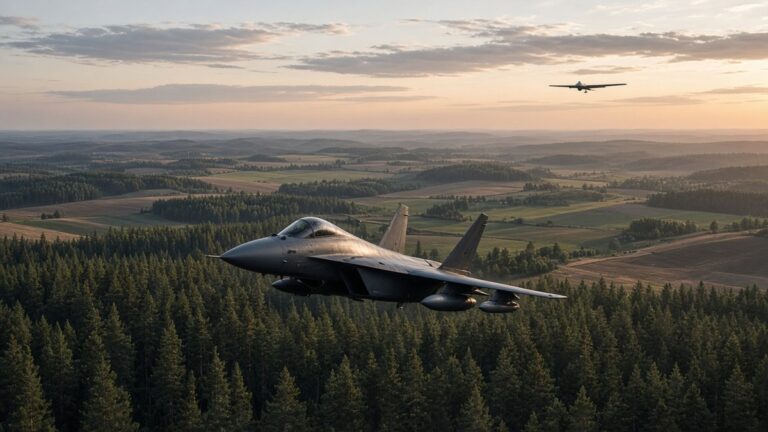 Fighter jet banking low over pine forest and farmland at dawn with a small drone far ahead
