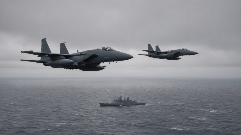 Two fighter jets patrol over a grey strait with a distant warship on the water below