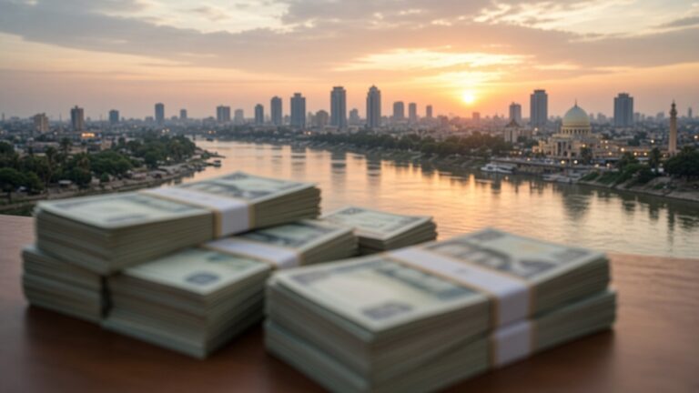 Stacks of banknotes on a desk with a blurred riverside city skyline at sunset beyond