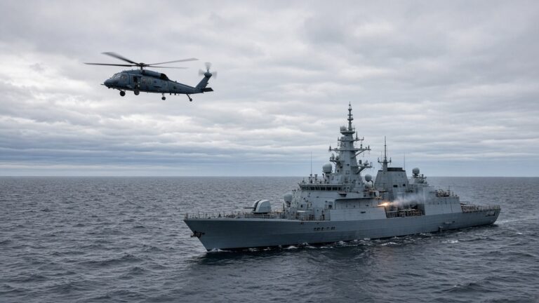 Helicopter hovers over a choppy grey sea as a frigate below releases bright flares