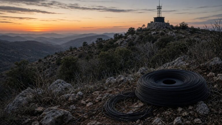 Rocky scrub-covered ridge at dusk with a thin cable spool on the ground and a distant outpost