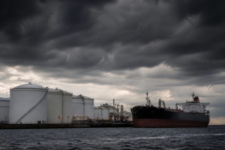 Tanker moored beside a row of white oil storage tanks under dark storm clouds