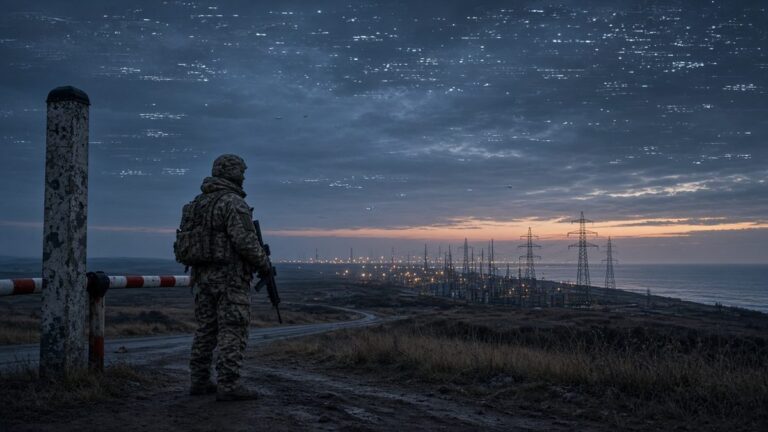 Soldier by a red-and-white border barrier at dusk on a Baltic coast, with power pylons, faint drones and a glitching sky