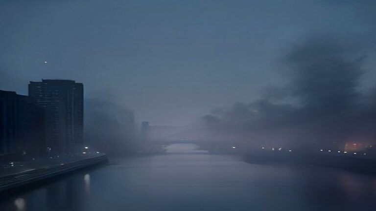 Foggy city river bridge at dawn with thin smoke rising above the deck and apartment silhouettes