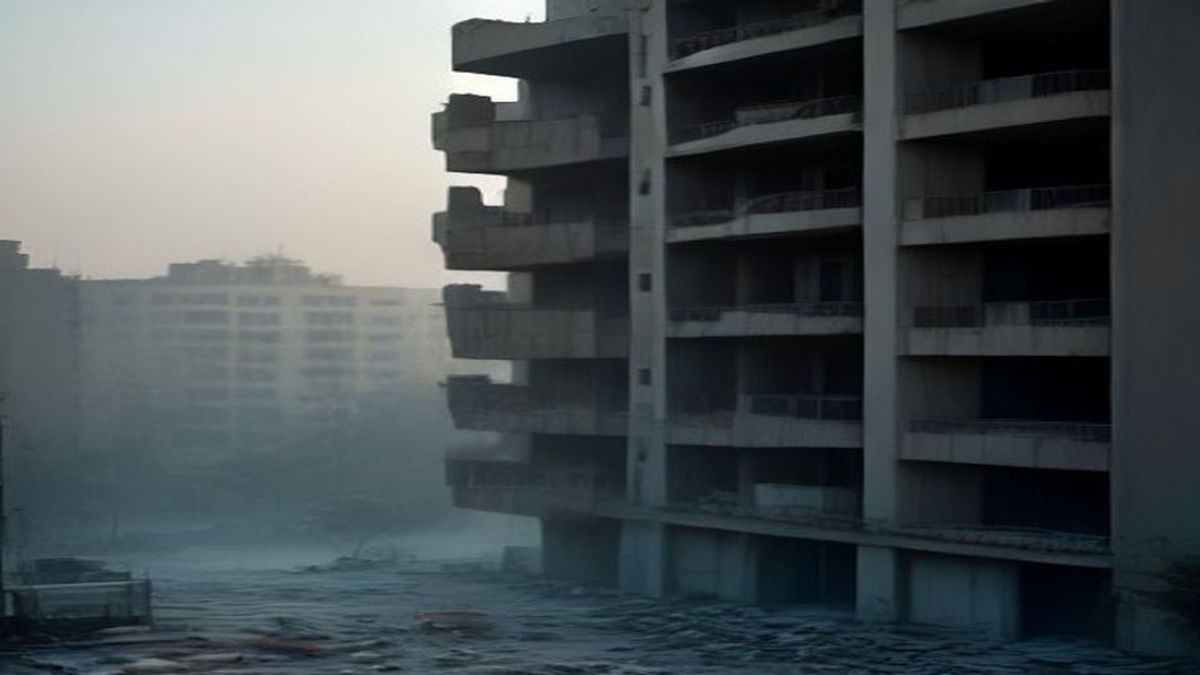 Damaged concrete apartment block at dawn with dust, exposed rebar and rubble in the foreground