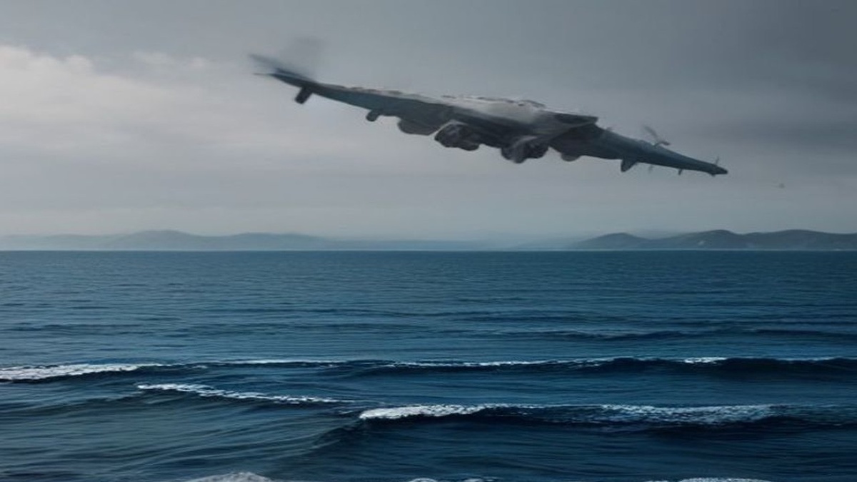 Fighter jets over a grey sea strait with hazy coastline and a distant warship under overcast sky