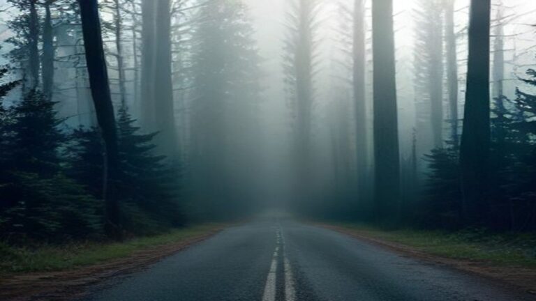 Razor-wire border fence beside a misty pine forest and empty road under overcast Baltic sky