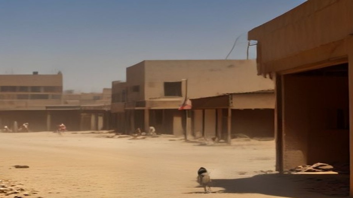 Dusty Sahel town street with low buildings, dry hills and a distant thin smoke column at midday