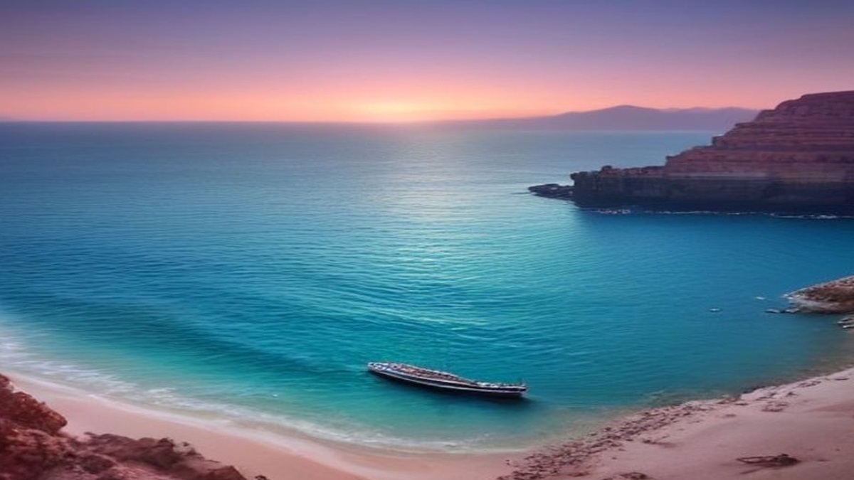 Cargo ship in a narrow Red Sea strait near arid rocky coasts at sunset with small boats distant