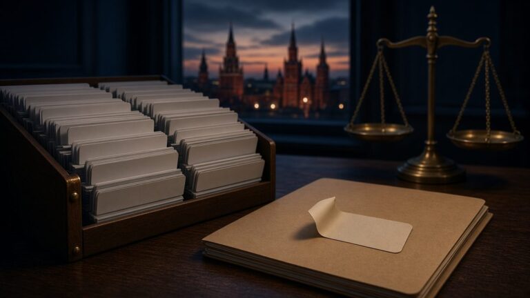 Dark wooden desk with blank index cards, a closed folder and brass scales, with a lit Kremlin skyline behind at dusk