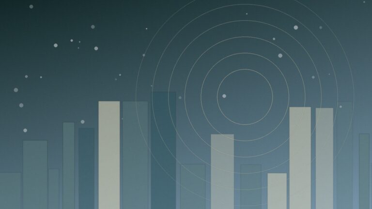 Abstract teal skyline of translucent blocks beneath concentric rings and scattered points of light