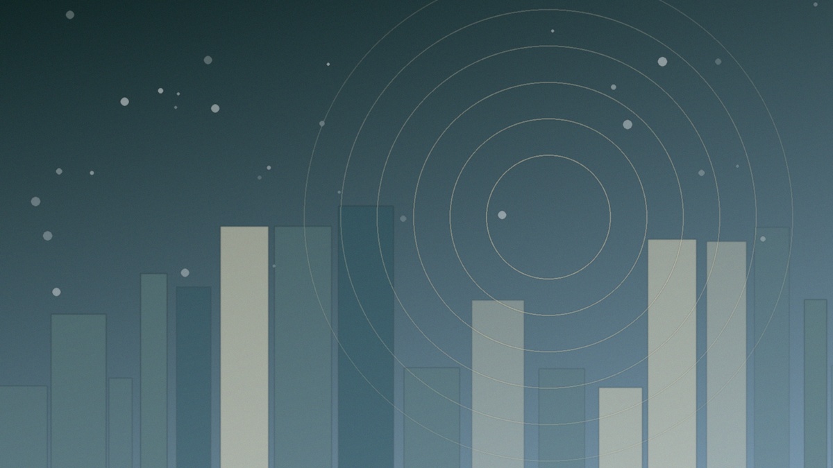 Abstract teal skyline of translucent blocks beneath concentric rings and scattered points of light