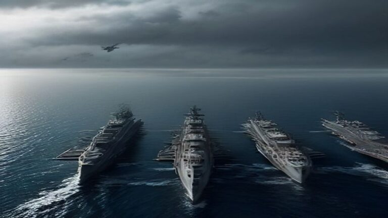 Aircraft carrier flight deck at sea with fighter jets under overcast Gulf light, no markings