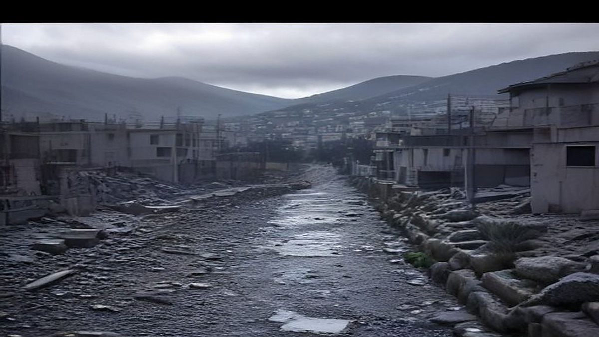 Southern Lebanese hillside town with damaged concrete buildings and empty streets under gray sky