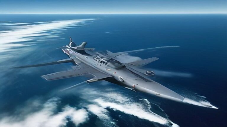 Gray military patrol aircraft over cloudy strait waters with distant ship wakes, no insignia