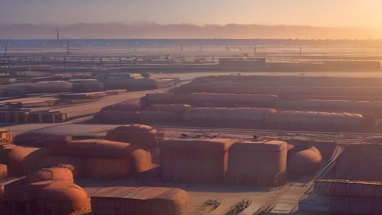 Industrial rail yard with freight cars and distant factory chimneys under dusty afternoon light