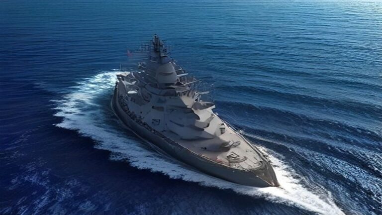 Modern frigate cutting through Red Sea waters under harsh sunlight, no flags or hull numbers