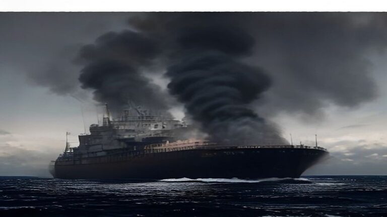 Large oil tanker on calm strait waters with a small plume of dark smoke near the midship deck
