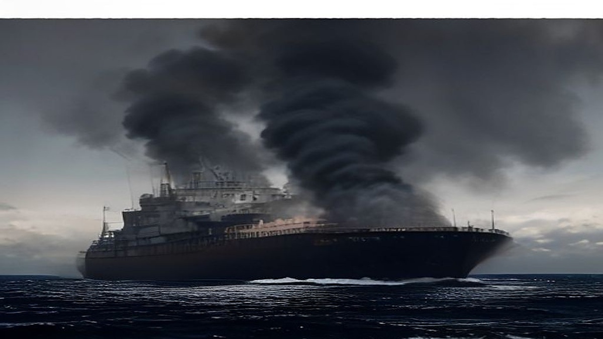 Large oil tanker on calm strait waters with a small plume of dark smoke near the midship deck
