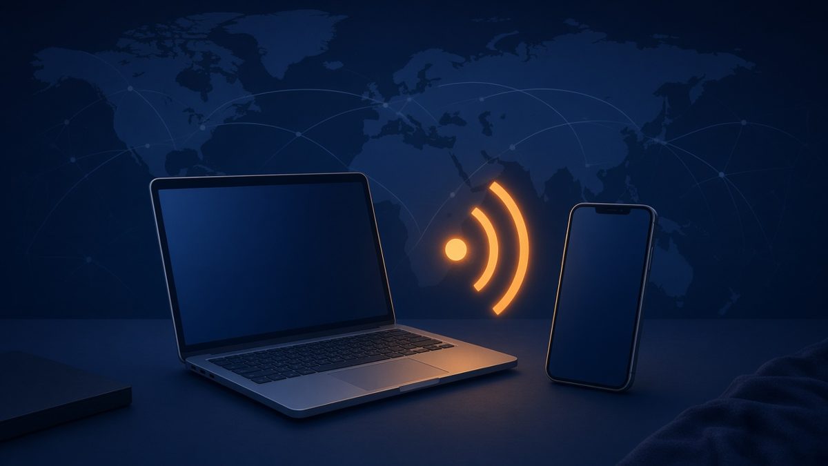 Laptop and smartphone with a glowing orange RSS symbol between them over a faint world map