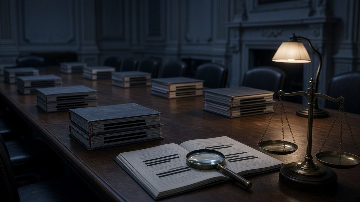 Long dim conference table with bound reports, a redacted open book, a magnifying glass and brass scales under a desk lamp