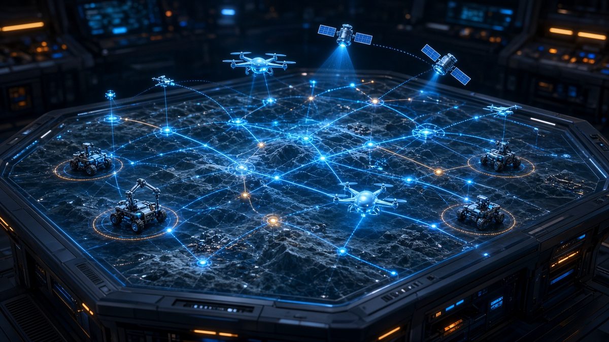 Futuristic command table showing a glowing network linking satellites, drones and ground robots over terrain