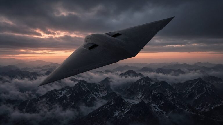 A dark, triangular B-21 Raider stealth bomber flies over snow-dusted mountains at sunset under a cloudy sky