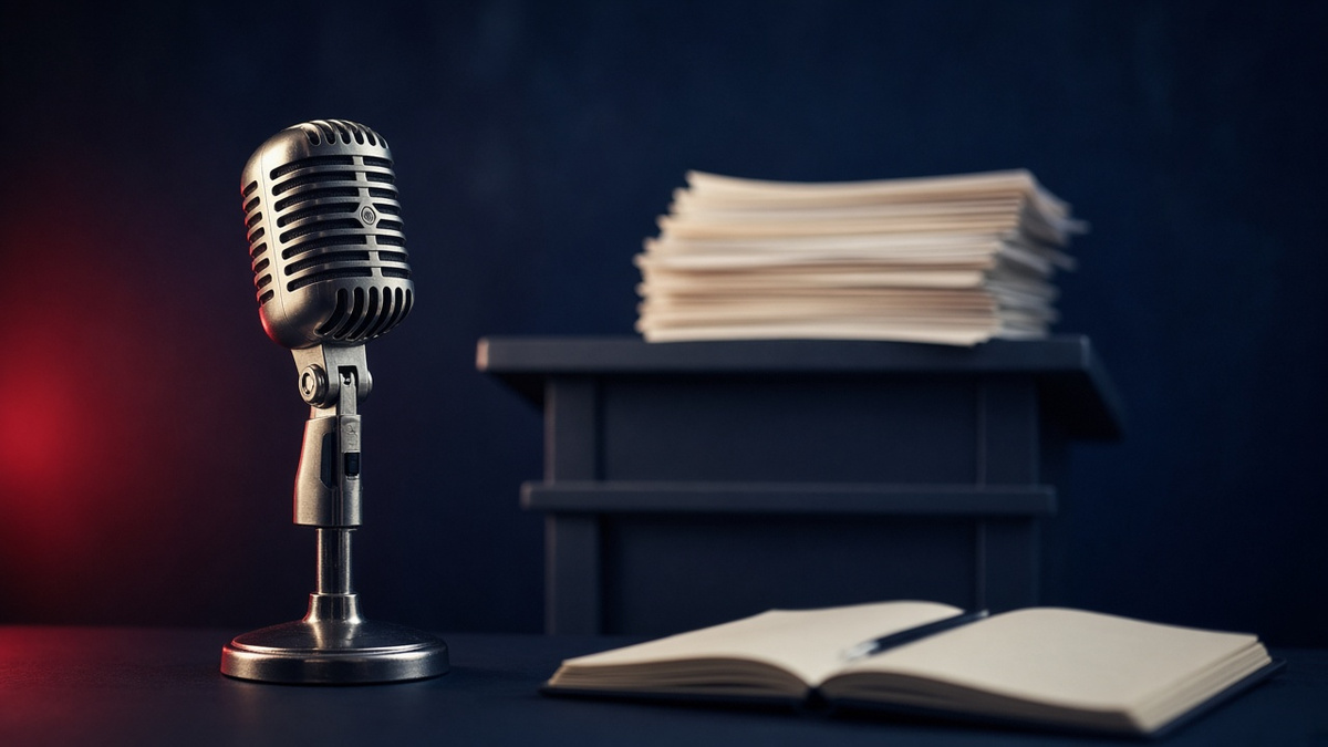 Vintage microphone, transcript pages and a notebook on a dark desk: Burnham and Badenoch, PMQs