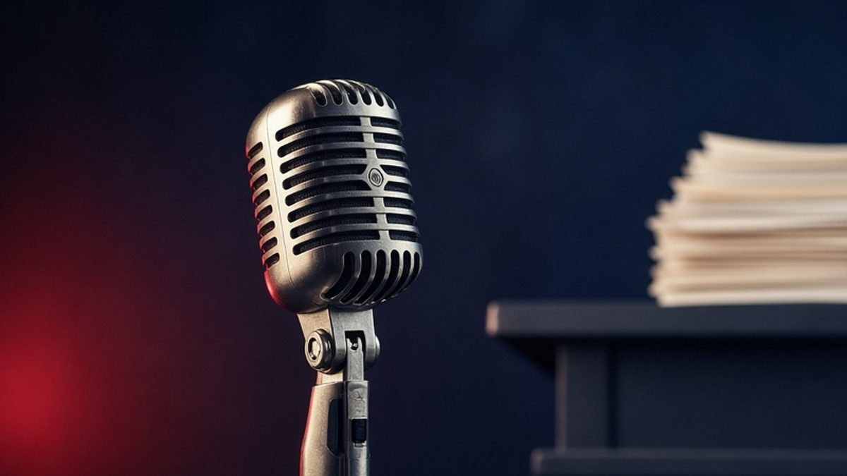 Close view of a silver vintage microphone with a red glow: Andy Burnham, UN Speech